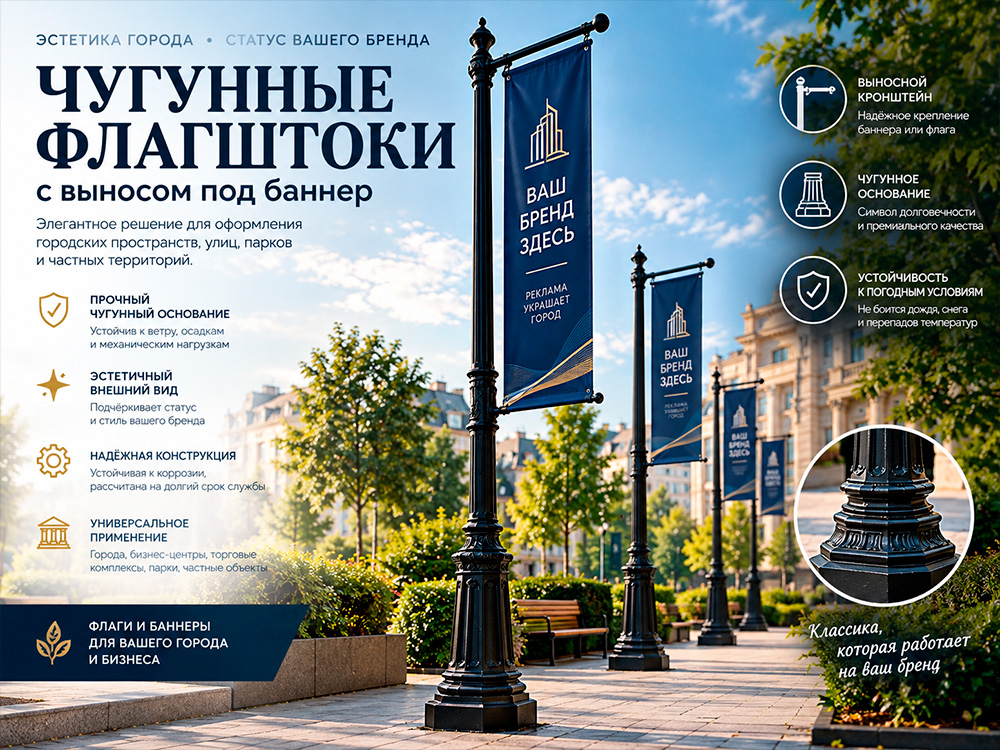 chugunnye flagshtoki s vynosom pod banner nadezhnoe reshenie dlya reklamy i flagov
