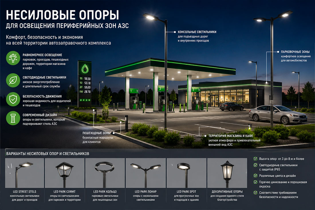 есиловые опоры для освещения периферийных зон АЗС: парковок, пешеходных дорожек, подъездов и территории