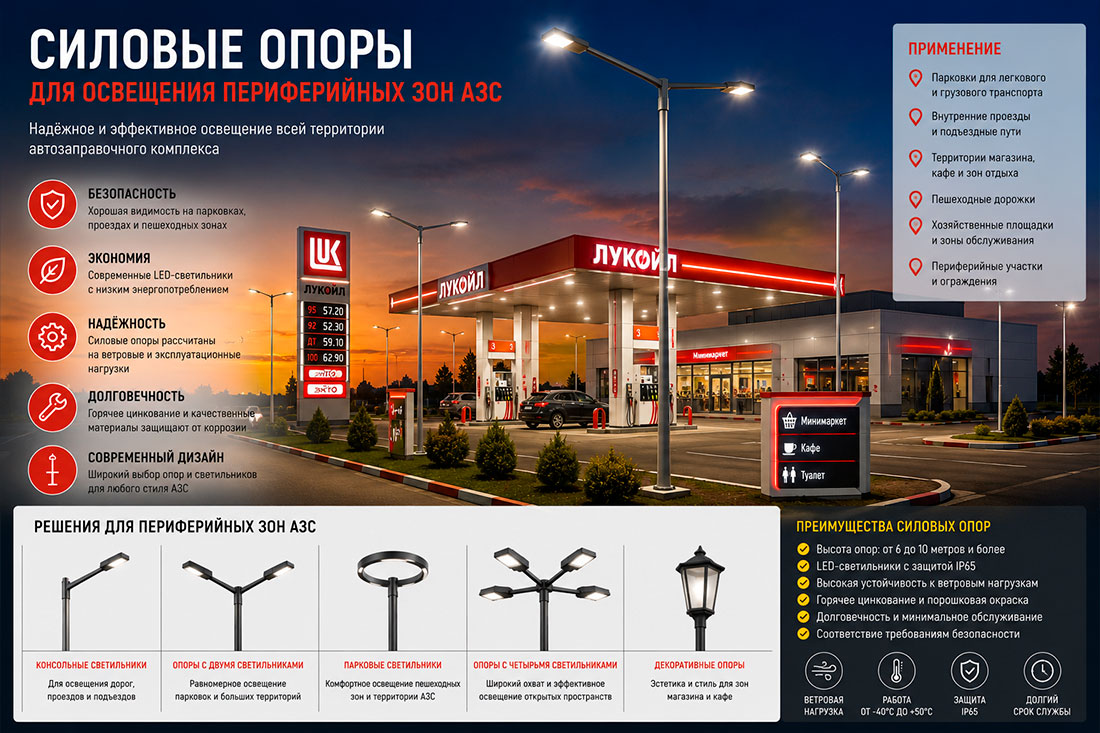 Силовые опоры для освещения периферийных зон АЗС